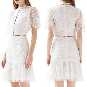 ML Monique Lhuillier Embroidered Mesh White Cocktail Dress